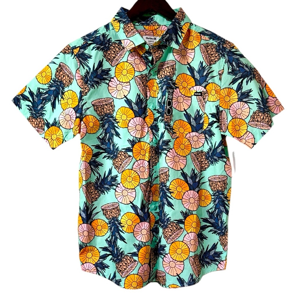 Hurley Bahia Short Sleeve Button-Up Shirt Tropical Pineapple Print Size Small
